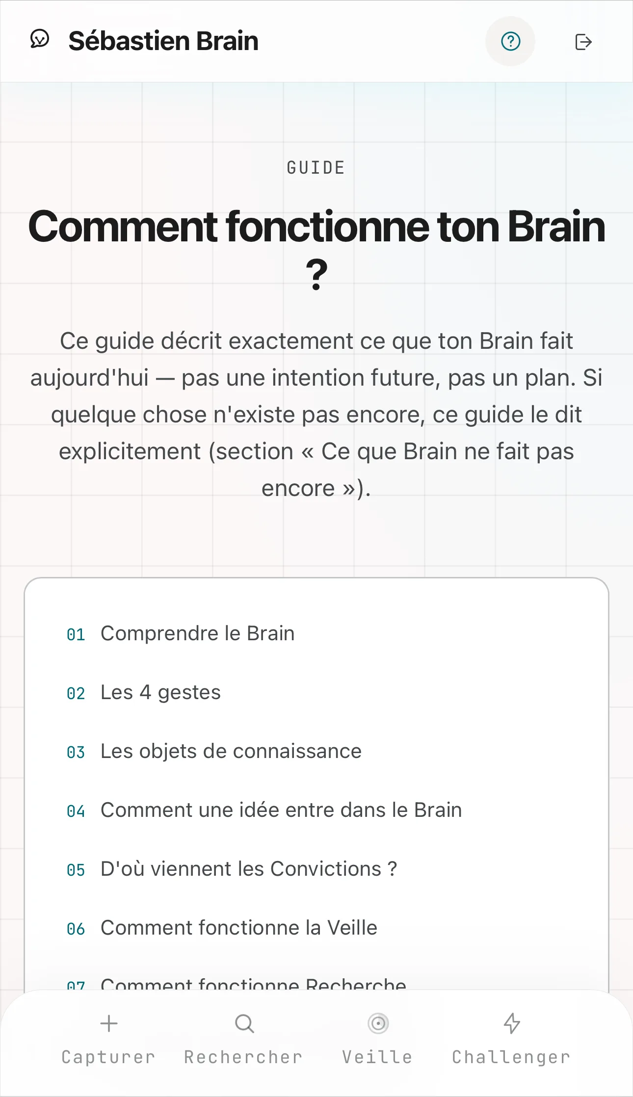 Capture d’écran mobile de l’écran Guide de Sébastien Brain : sommaire du guide « Comment fonctionne ton Brain ? », listant ses sections.