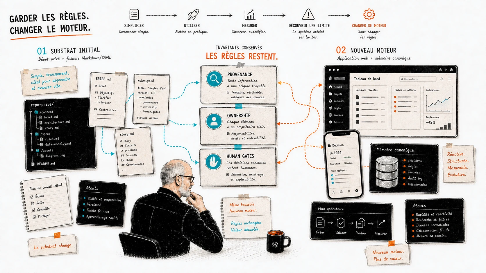 Illustration éditoriale : le substrat initial (dépôt privé, fichiers Markdown/YAML) laisse place à un nouveau moteur (application web, mémoire canonique) en suivant le cycle simplifier / utiliser / mesurer / découvrir une limite / changer de moteur ; trois invariants — provenance, ownership, Human Gates — restent inchangés de part et d’autre du changement.