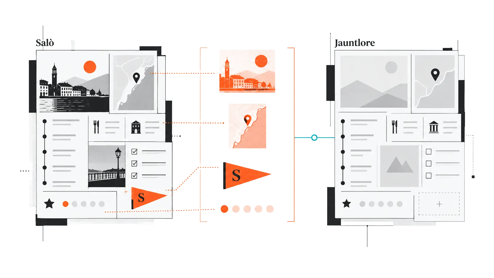 Illustration éditoriale : le carnet Salò, encore chargé de particularités propres au voyage, se sépare de ses éléments spécifiques pour laisser apparaître une structure Jauntlore réutilisable.