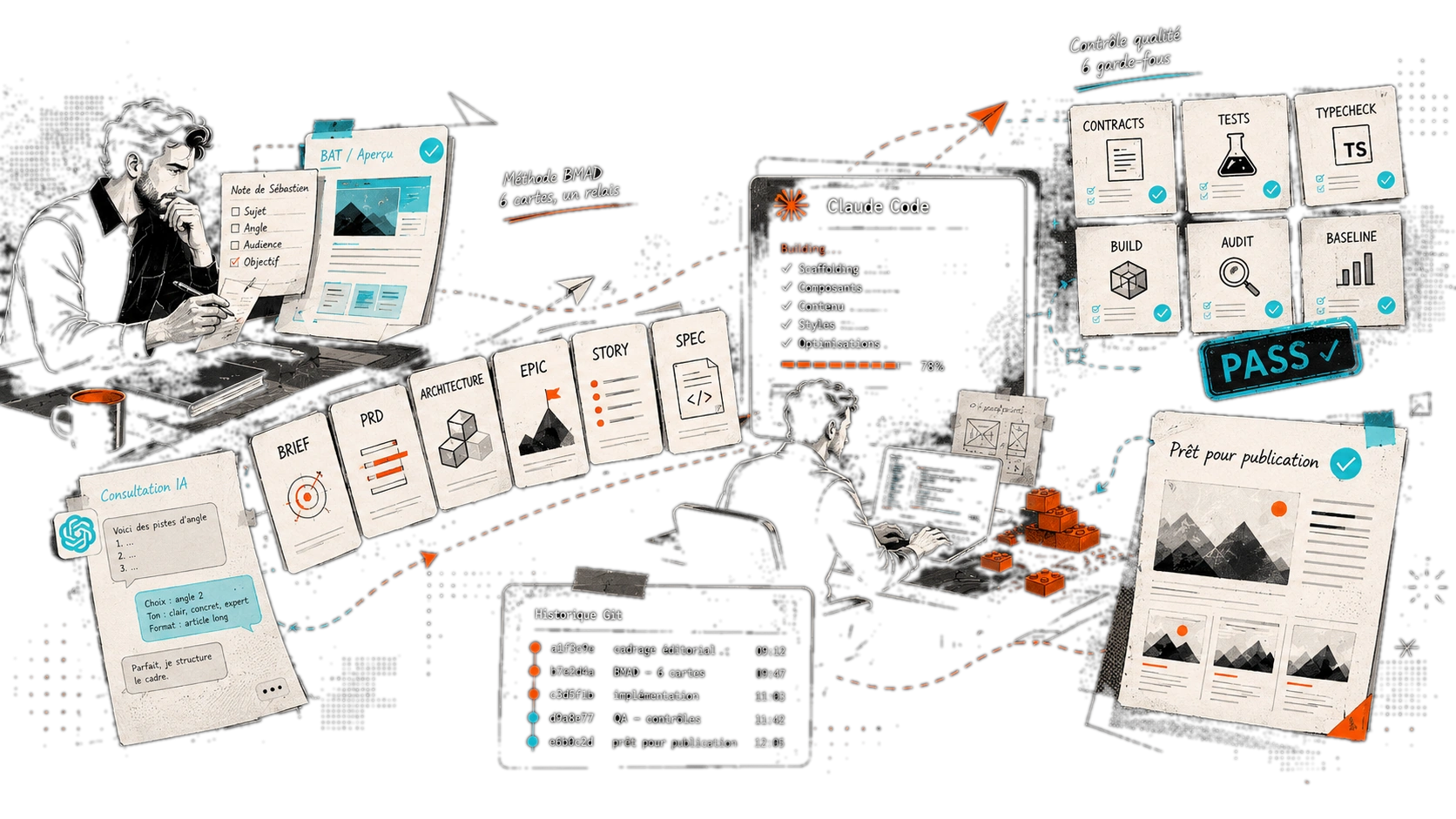 Illustration éditoriale : Sébastien cadre l’intention, la méthode BMAD structure les artefacts (Brief, PRD, Architecture, Epic, Story, Spec), Claude Code fabrique pendant que six gates de contrôle (Contracts, Tests, Typecheck, Build, Audit, Baseline) valident chaque étape jusqu’au « Prêt pour publication ».