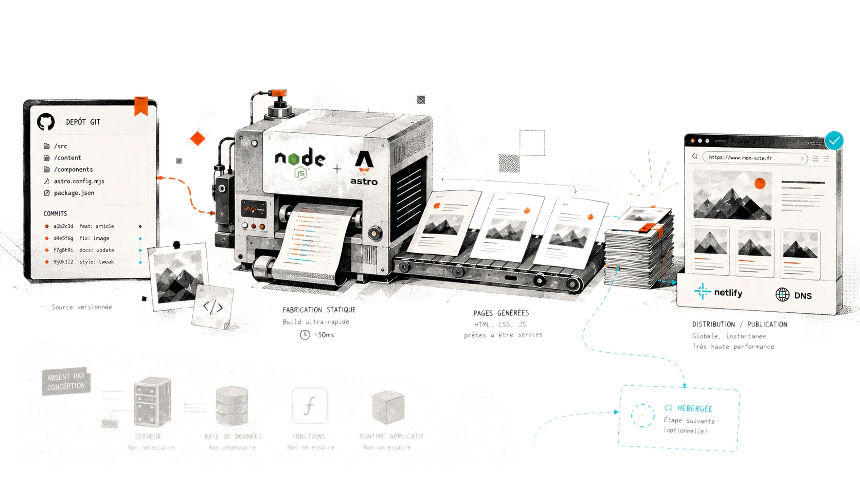 Illustration éditoriale : le dépôt Git alimente une machine de fabrication statique Node + Astro, qui produit des pages déjà prêtes, distribuées par Netlify et le DNS ; serveur, base de données, fonctions et runtime applicatif restent grisés, « absents par conception ».