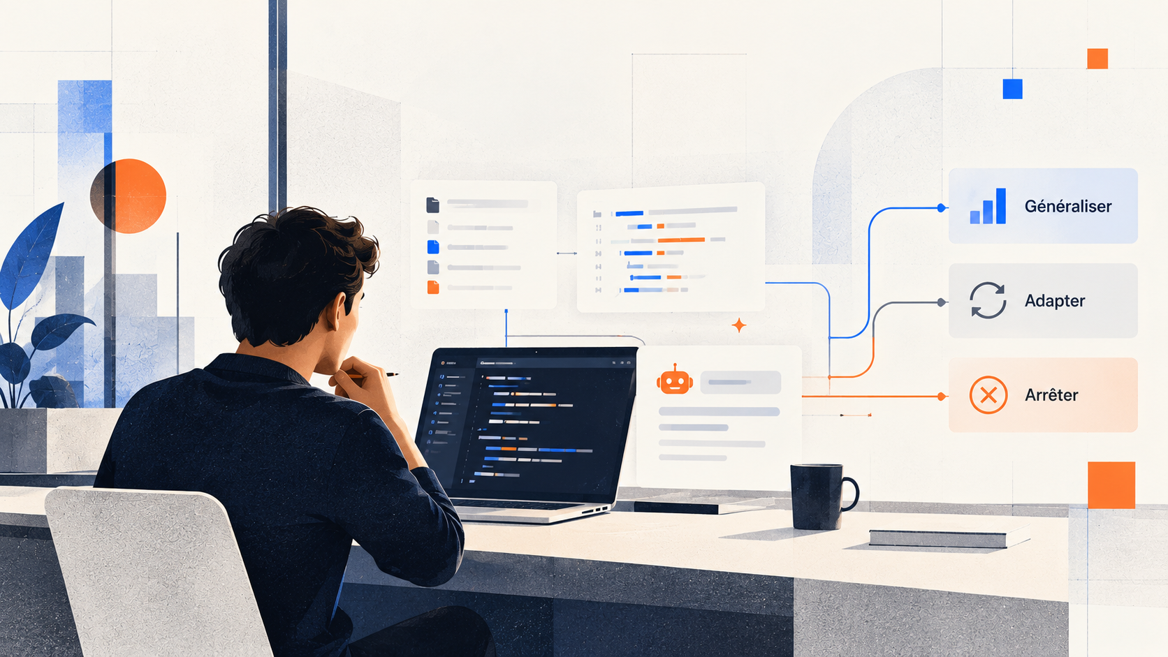 L'illustration met en scène un développeur accompagné par l'IA dans son cycle de développement logiciel. Au-delà des gains de productivité et des tâches automatisées, l'enjeu consiste à mesurer les résultats réellement obtenus pour décider de généraliser, d'adapter ou d'arrêter un usage. Une démarche qui place la preuve de valeur au cœur des investissements dans l'IA.
