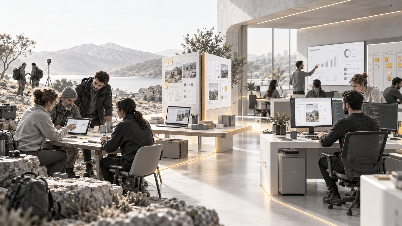 Une équipe travaille sur le terrain autour d’un prototype numérique, tandis qu’à droite une équipe produit poursuit son développement dans un environnement de bureau. Une continuité visuelle relie les deux espaces, de l’usage observé sur le terrain au produit industrialisé.