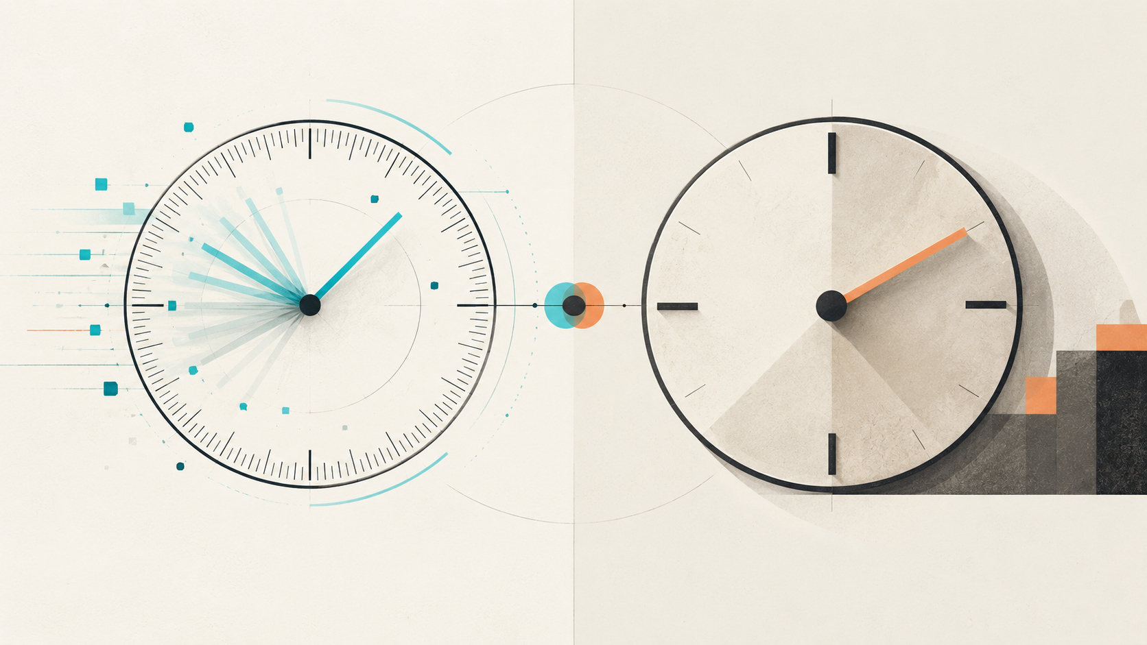 Deux horloges circulaires désynchronisées : à gauche, une cadence rapide et dense ; à droite, une progression plus lente et plus lourde, dans une illustration éditoriale minimaliste.