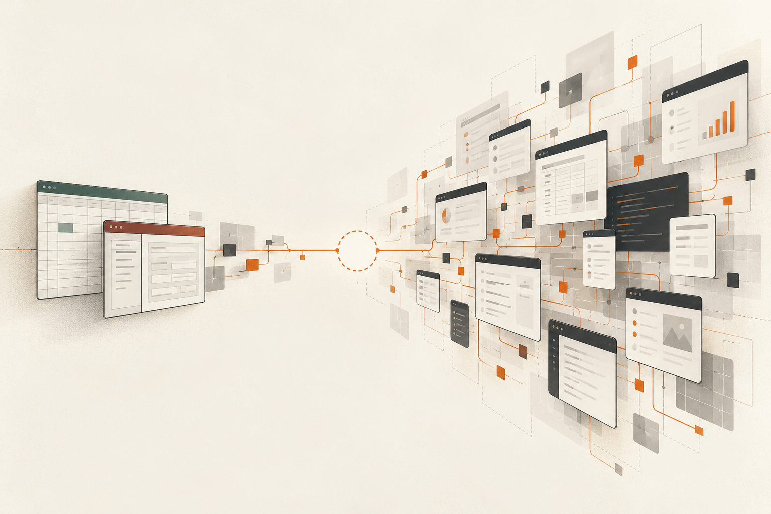 Illustration de l’évolution du shadow IT : d’applications isolées sous Excel et Access vers un écosystème d’applications interconnectées générées par intelligence artificielle.